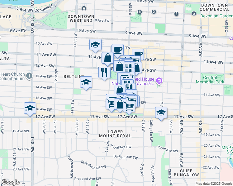 map of restaurants, bars, coffee shops, grocery stores, and more near 927 14 Avenue Southwest in Calgary