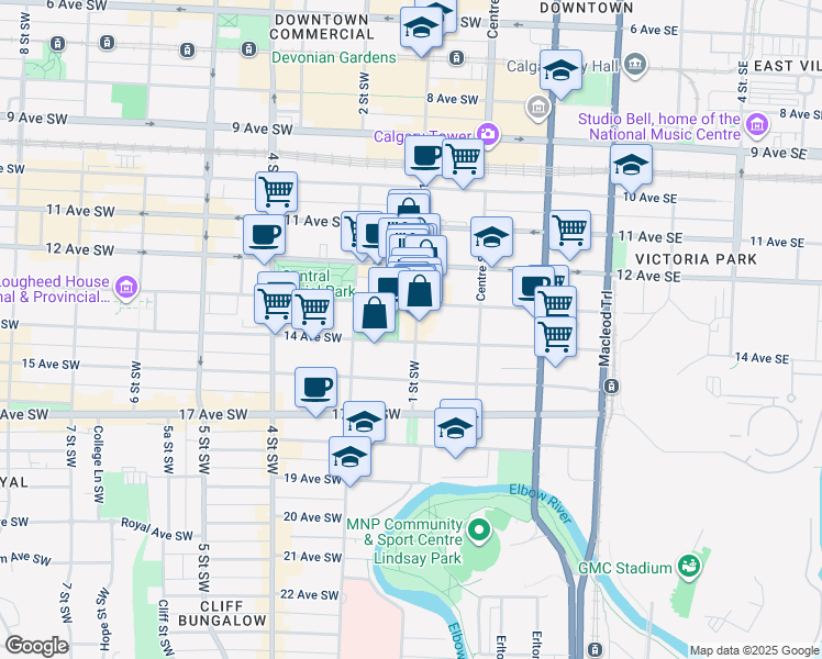 map of restaurants, bars, coffee shops, grocery stores, and more near 1308 1 Street Southwest in Calgary