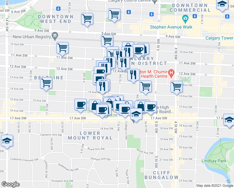 map of restaurants, bars, coffee shops, grocery stores, and more near 1309 7 Street Southwest in Calgary