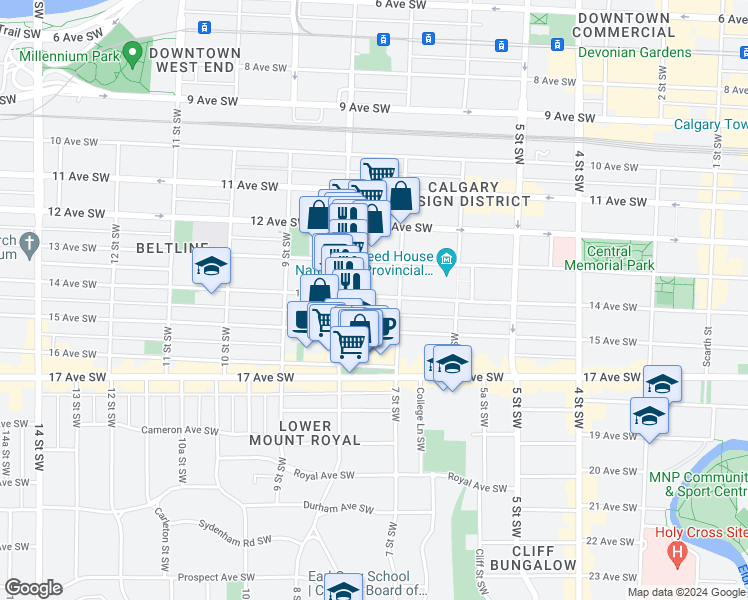 map of restaurants, bars, coffee shops, grocery stores, and more near in Calgary