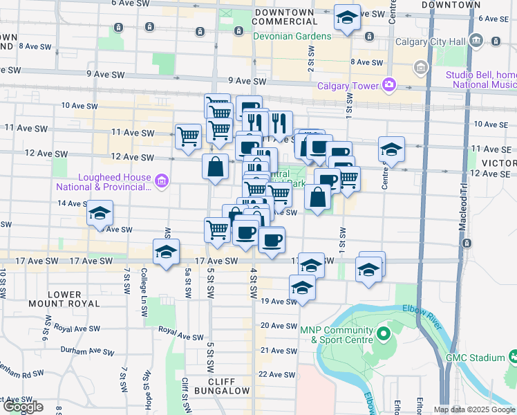 map of restaurants, bars, coffee shops, grocery stores, and more near 348A 14 Avenue Southwest in Calgary