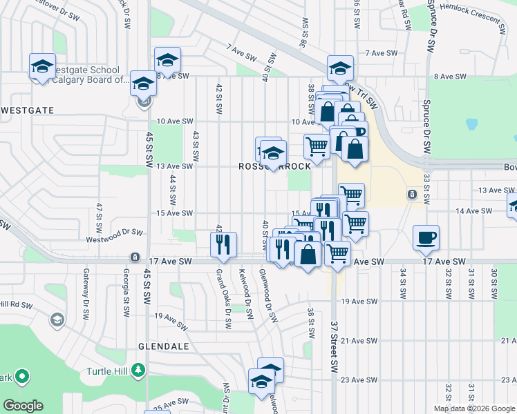 map of restaurants, bars, coffee shops, grocery stores, and more near in Calgary