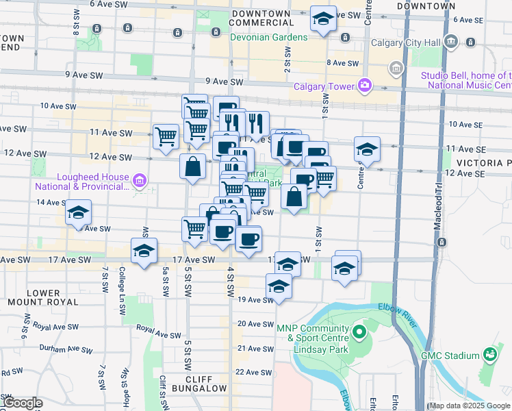 map of restaurants, bars, coffee shops, grocery stores, and more near 330 14 Avenue Southwest in Calgary