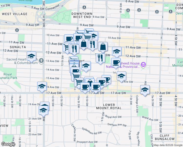 map of restaurants, bars, coffee shops, grocery stores, and more near 1404 10 Street Southwest in Calgary
