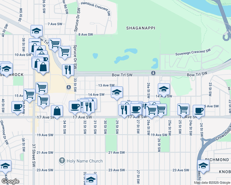 map of restaurants, bars, coffee shops, grocery stores, and more near 3004 14 Avenue Southwest in Calgary