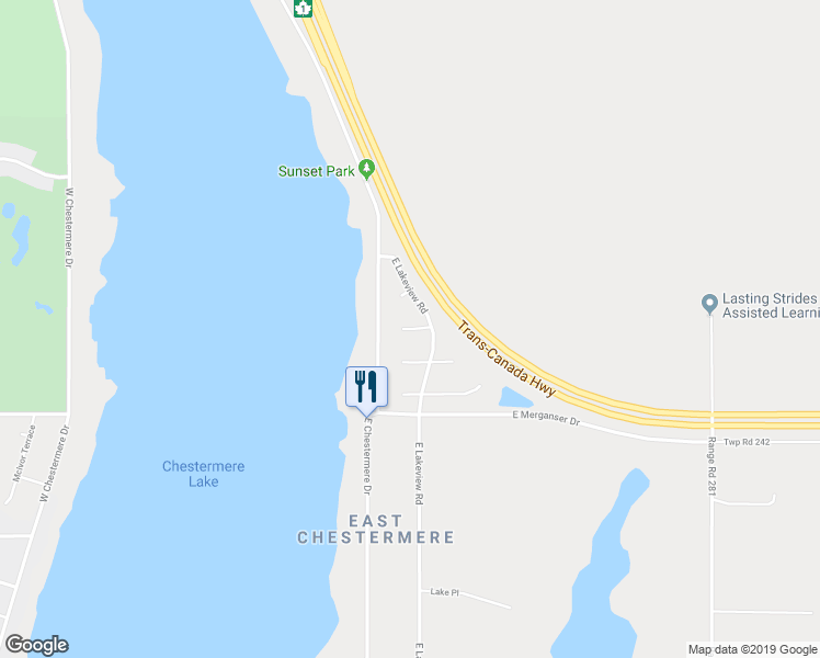 map of restaurants, bars, coffee shops, grocery stores, and more near 123 East Lakeview Place in Chestermere