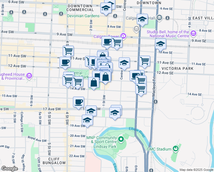 map of restaurants, bars, coffee shops, grocery stores, and more near 1308 1 Street Southwest in Calgary