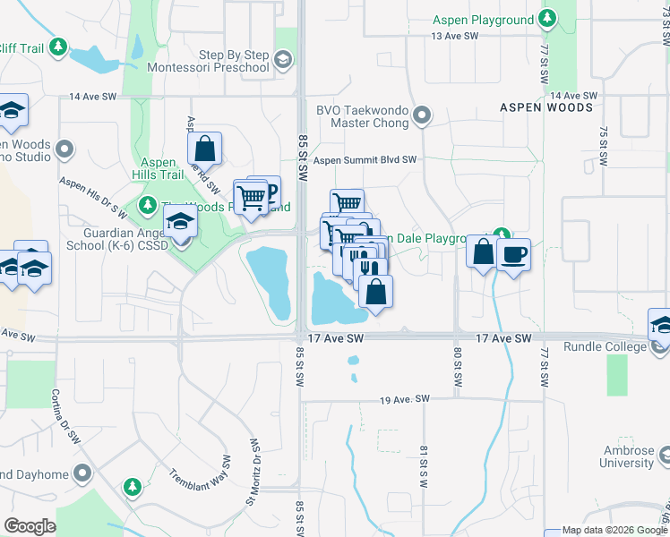 map of restaurants, bars, coffee shops, grocery stores, and more near 366 Aspen Glen Landing Southwest in Calgary