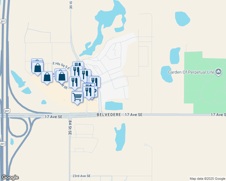 map of restaurants, bars, coffee shops, grocery stores, and more near 52 Belvedere Park Southeast in Calgary