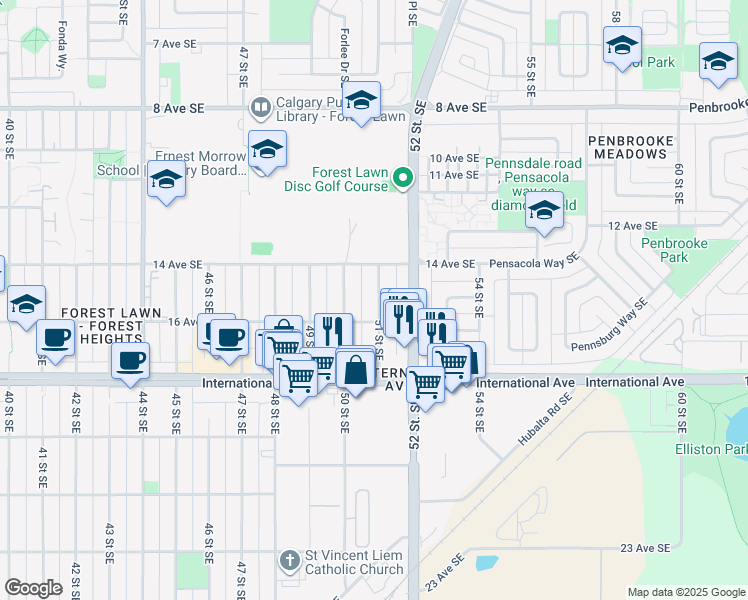 map of restaurants, bars, coffee shops, grocery stores, and more near 1512 51 Street Southeast in Calgary