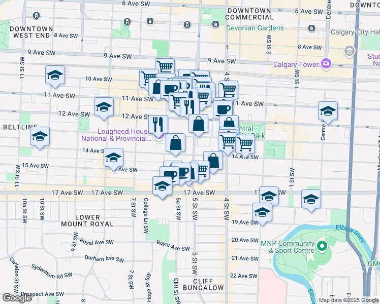map of restaurants, bars, coffee shops, grocery stores, and more near in Calgary