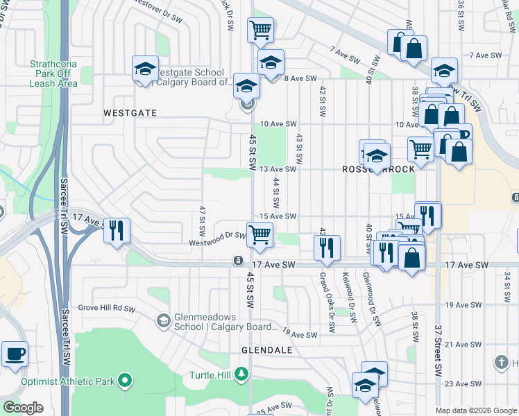 map of restaurants, bars, coffee shops, grocery stores, and more near 1427 44 Street Southwest in Calgary