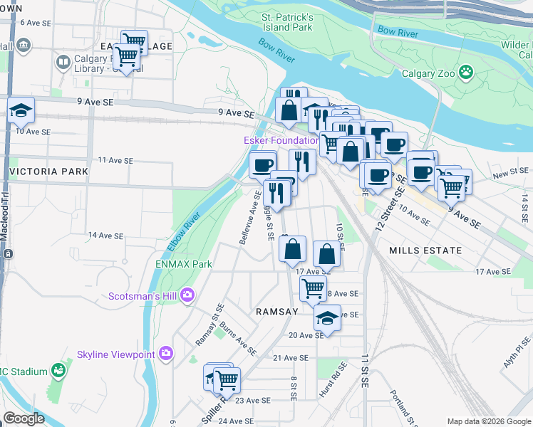 map of restaurants, bars, coffee shops, grocery stores, and more near in Calgary