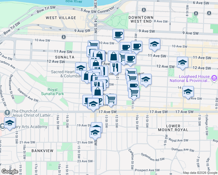 map of restaurants, bars, coffee shops, grocery stores, and more near 1319 14 Avenue Southwest in Calgary