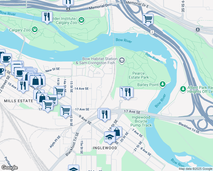 map of restaurants, bars, coffee shops, grocery stores, and more near in Calgary