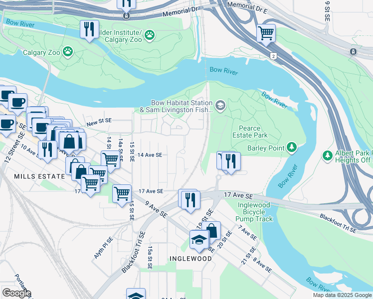 map of restaurants, bars, coffee shops, grocery stores, and more near in Calgary