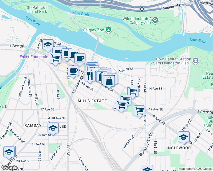 map of restaurants, bars, coffee shops, grocery stores, and more near 1344 9 Avenue Southeast in Calgary