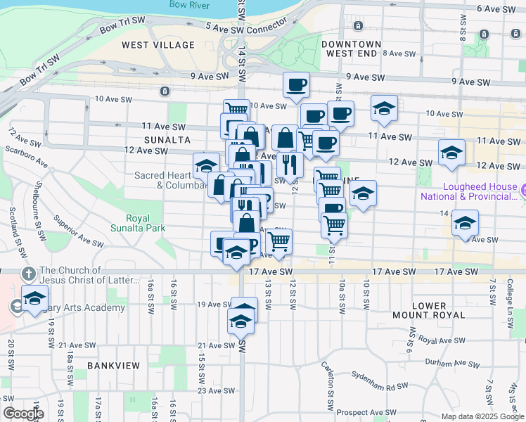 map of restaurants, bars, coffee shops, grocery stores, and more near 1331 14 Avenue Southwest in Calgary