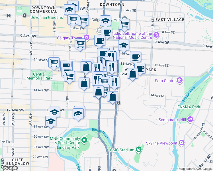 map of restaurants, bars, coffee shops, grocery stores, and more near 211 13 Avenue Southeast in Calgary