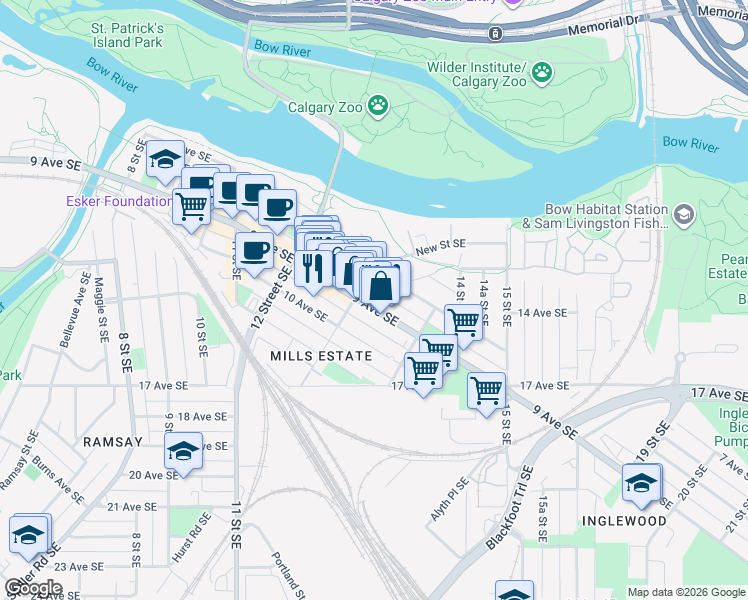 map of restaurants, bars, coffee shops, grocery stores, and more near 1344 9 Avenue Southeast in Calgary