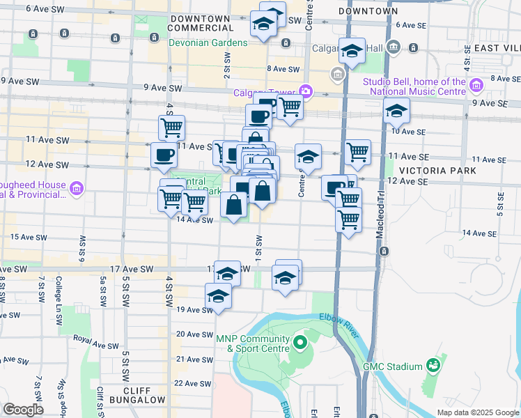 map of restaurants, bars, coffee shops, grocery stores, and more near 1308 1 Street Southwest in Calgary