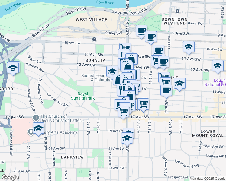 map of restaurants, bars, coffee shops, grocery stores, and more near 1537 14 Avenue Southwest in Calgary