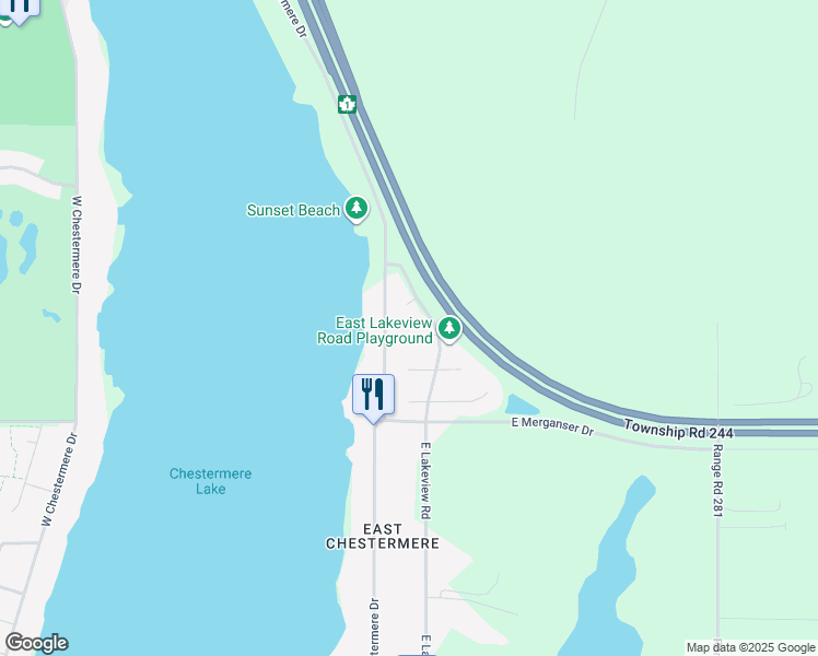 map of restaurants, bars, coffee shops, grocery stores, and more near 123 East Lakeview Place in Chestermere