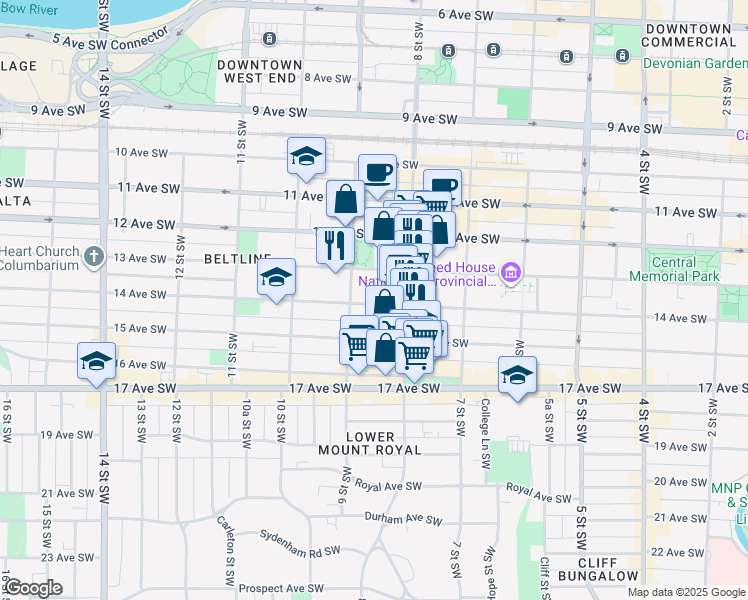 map of restaurants, bars, coffee shops, grocery stores, and more near in Calgary