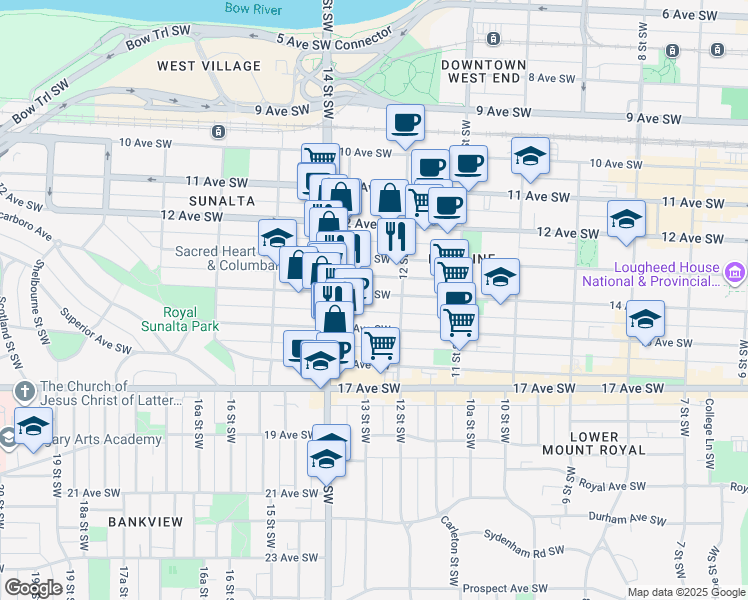 map of restaurants, bars, coffee shops, grocery stores, and more near in Calgary