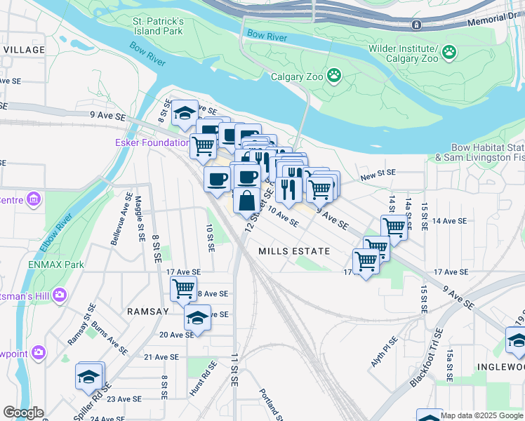 map of restaurants, bars, coffee shops, grocery stores, and more near 1231 9 Avenue Southeast in Calgary
