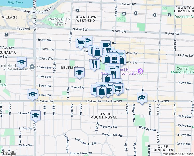 map of restaurants, bars, coffee shops, grocery stores, and more near 1002 14 Avenue Southwest in Calgary
