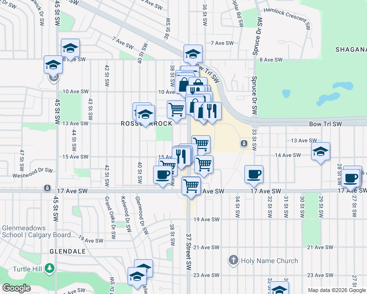 map of restaurants, bars, coffee shops, grocery stores, and more near 1431 37 Street Southwest in Calgary