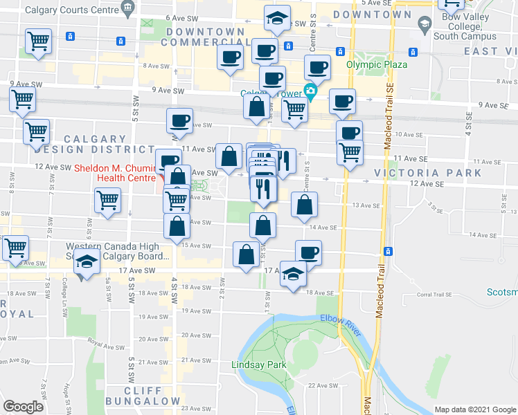map of restaurants, bars, coffee shops, grocery stores, and more near 215 13 Avenue Southwest in Calgary