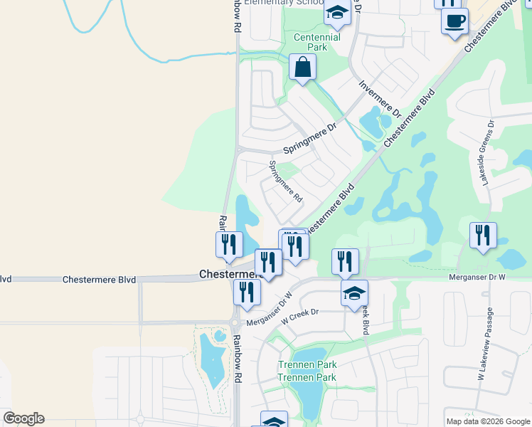 map of restaurants, bars, coffee shops, grocery stores, and more near 224 Springmere Road in Chestermere