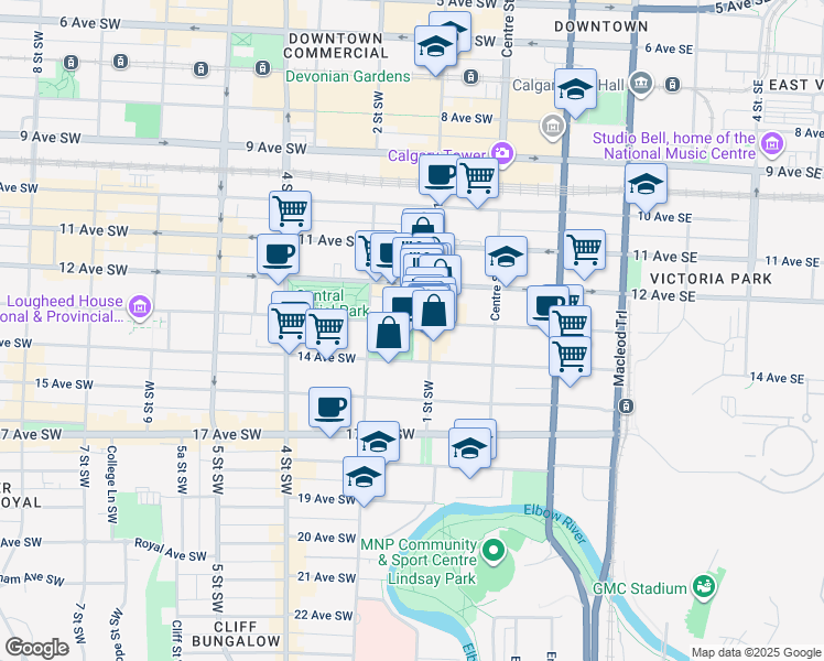 map of restaurants, bars, coffee shops, grocery stores, and more near 215 13 Avenue Southwest in Calgary