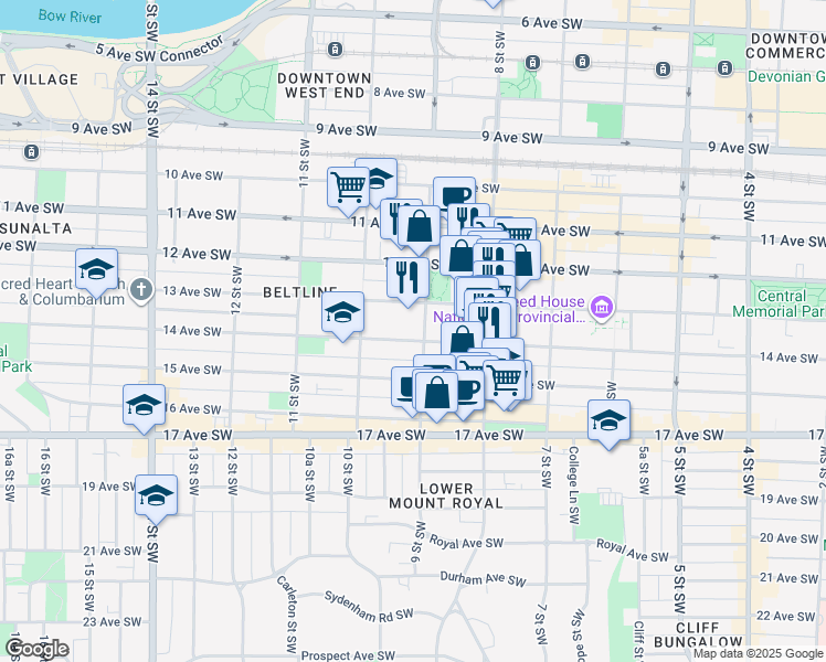 map of restaurants, bars, coffee shops, grocery stores, and more near 1008 14 Avenue Southwest in Calgary