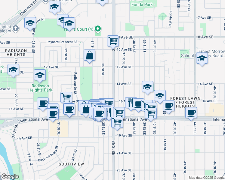 map of restaurants, bars, coffee shops, grocery stores, and more near 1511 36 Street Southeast in Calgary