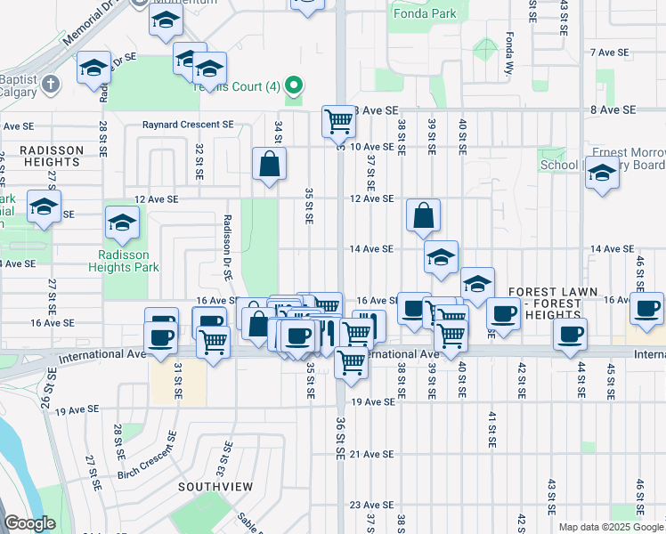 map of restaurants, bars, coffee shops, grocery stores, and more near 1511 36 Street Southeast in Calgary