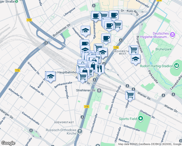 map of restaurants, bars, coffee shops, grocery stores, and more near 4 Wiener Platz in Dresden