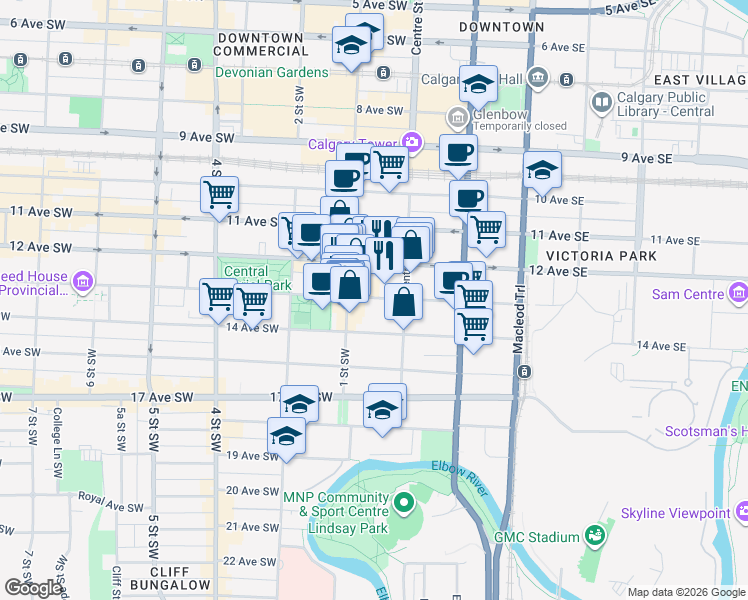 map of restaurants, bars, coffee shops, grocery stores, and more near 121 13 Avenue Southwest in Calgary