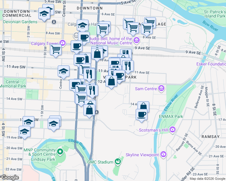 map of restaurants, bars, coffee shops, grocery stores, and more near 1250 3 Street Southeast in Calgary