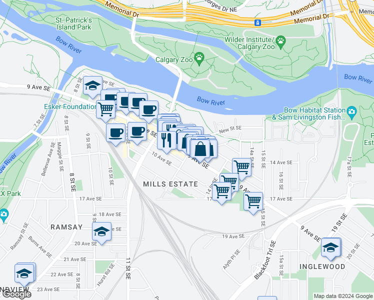 map of restaurants, bars, coffee shops, grocery stores, and more near 1344 9 Avenue Southeast in Calgary