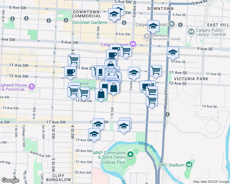 map of restaurants, bars, coffee shops, grocery stores, and more near 135 13 Avenue Southwest in Calgary