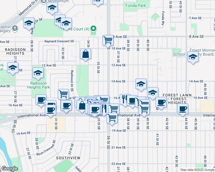 map of restaurants, bars, coffee shops, grocery stores, and more near 1511 36 Street Southeast in Calgary