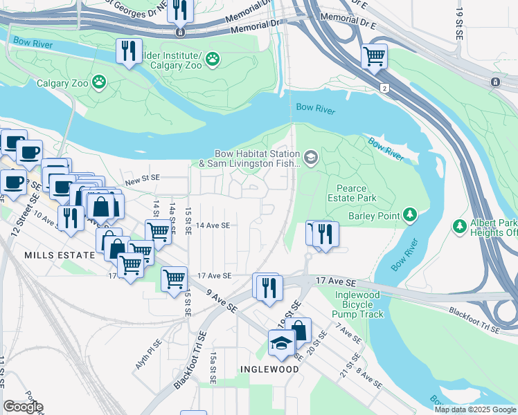 map of restaurants, bars, coffee shops, grocery stores, and more near in Calgary
