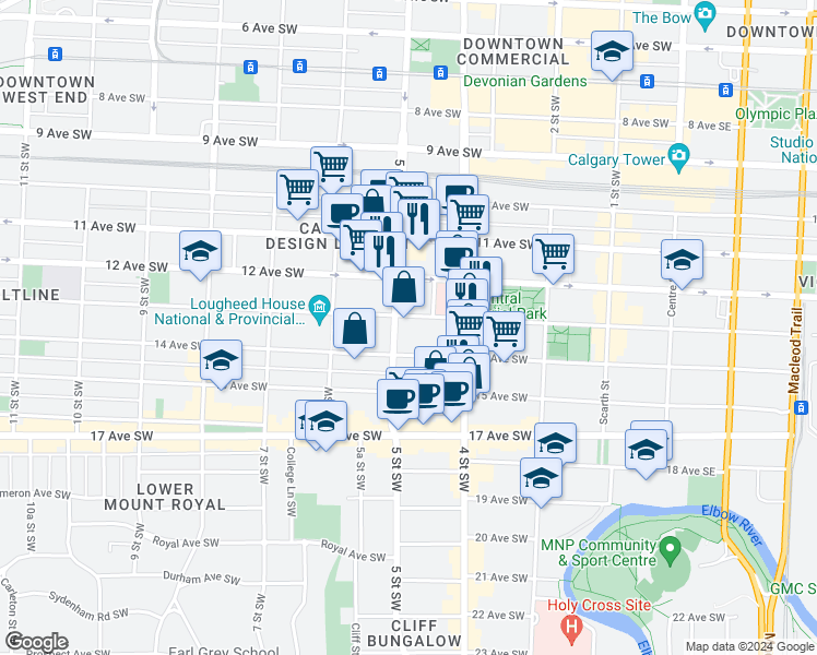 map of restaurants, bars, coffee shops, grocery stores, and more near in Calgary