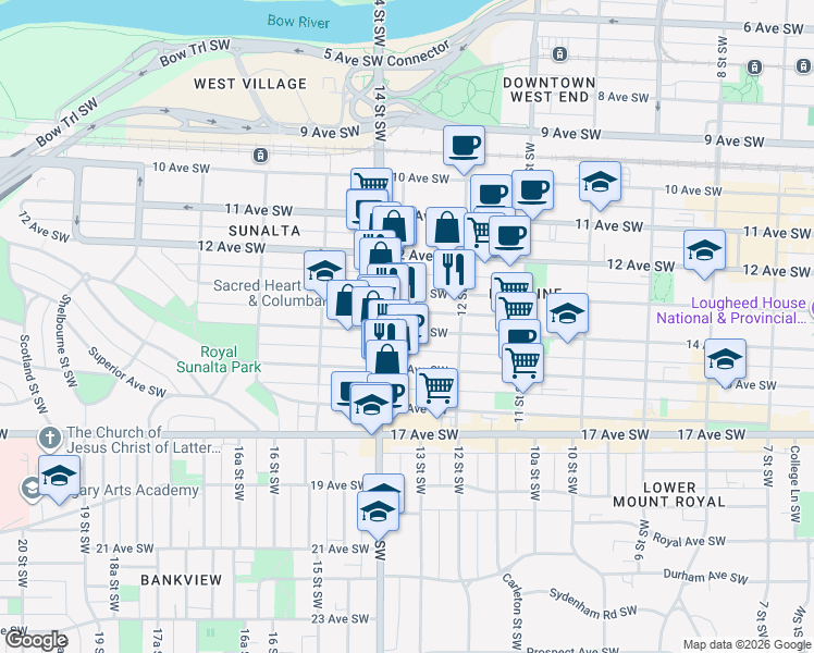 map of restaurants, bars, coffee shops, grocery stores, and more near in Calgary