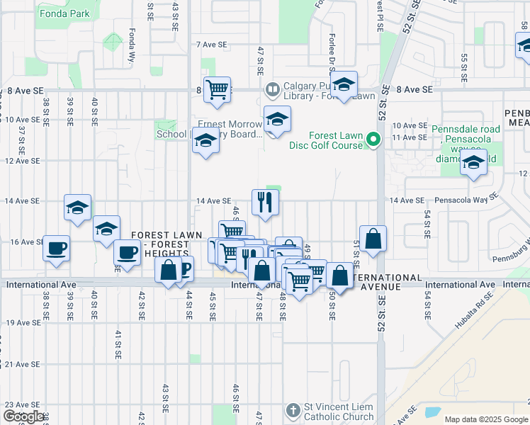 map of restaurants, bars, coffee shops, grocery stores, and more near 1510 47 Street Southeast in Calgary