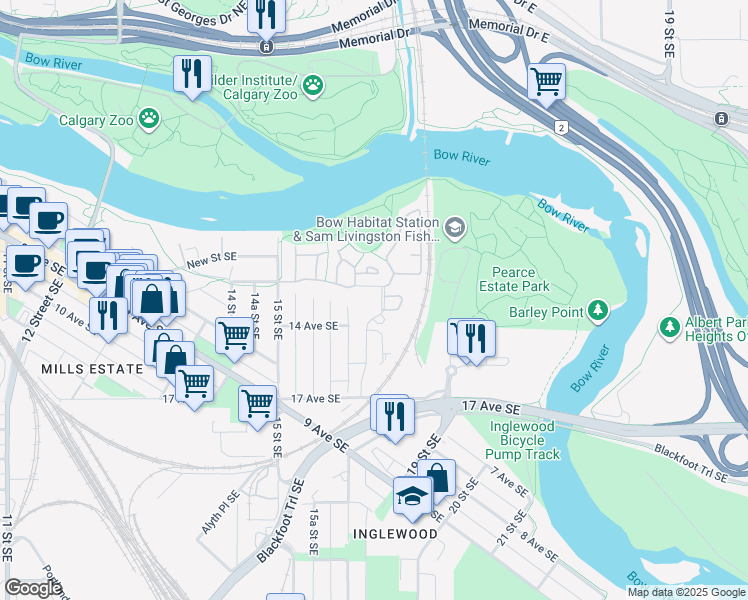 map of restaurants, bars, coffee shops, grocery stores, and more near 1415 17 Street Southeast in Calgary