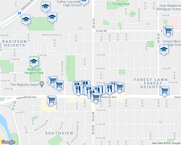 map of restaurants, bars, coffee shops, grocery stores, and more near 1511 36 Street Southeast in Calgary